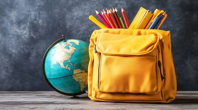 A bright yellow backpack filled with school supplies sits beside a globe