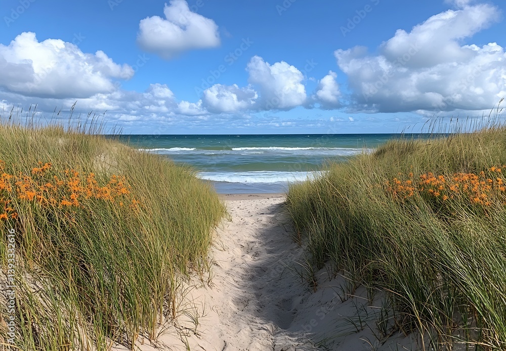 Poster pathway flanked by orange wildflowers leading to a peaceful beach with soft waves and rolling clouds