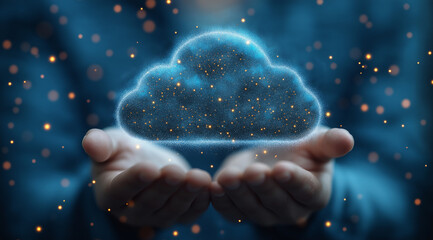 Digital cloud computing icon with a businessman’s hand holding data, network connections, and a virtual interface on a dark background. High quality with copy space for business or marketing use