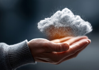 Digital cloud computing icon with a businessman’s hand holding data, network connections, and a virtual interface on a dark background. High quality with copy space for business or marketing use