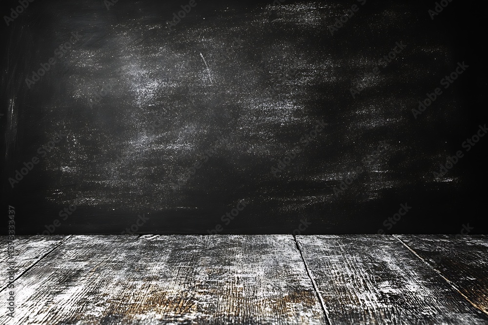 Fototapete rustic black chalkboard background with wooden floor perfect for presentations menu design and creat