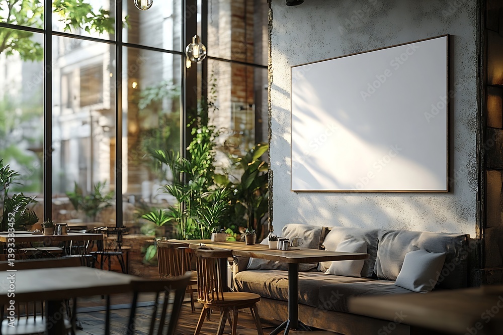 Poster indoor restaurant setting with blank poster comfortable seating and natural light perfect for advert