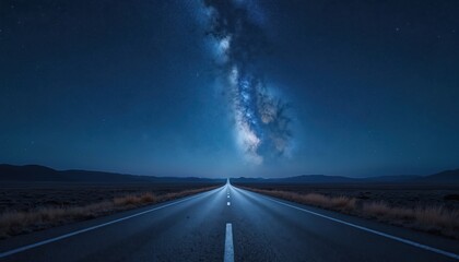 Naklejka premium Endless road under starlit night sky. Milky Way galaxy over highway, journey, travel, destiny. Empty dark roadway leads to distant horizon, inspiring thoughts about future, travel, cosmos, adventure.