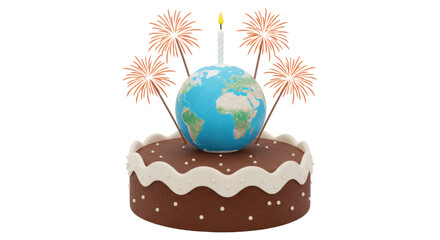 Isolated Birthday Cake with Globe and Fireworks