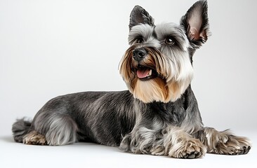 Adorable Miniature Schnauzer Dog Portrait Lying Down Against White Backdrop Showcasing Breed Charm and Elegant Gray Coat : Generative AI