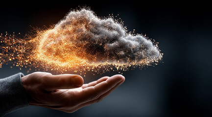 Digital cloud computing icon with a businessman’s hand holding data, network connections, and a virtual interface on a dark background. High quality with copy space for business or marketing use
