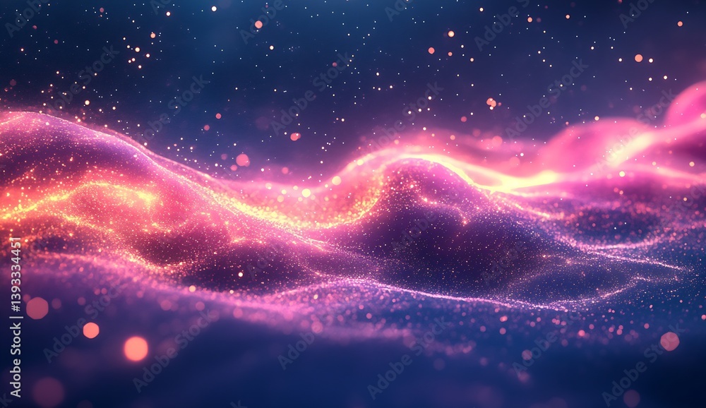 Poster Glistening waves of pink and purple shimmering against a dark background creating an ethereal scene : Generative AI