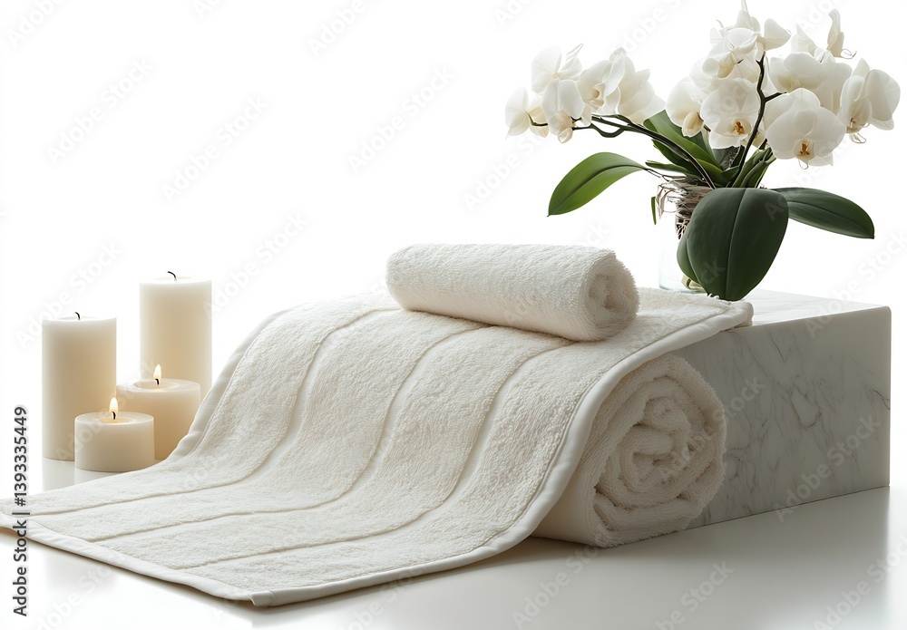 Aufkleber spa essentials with soft towels and elegant white orchids on a marble surface : generative ai