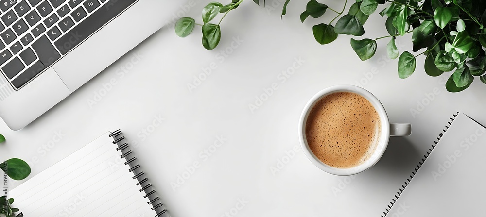 Poster flat lay office workspace with laptop coffee cup and plant ideal for remote work and productivity th