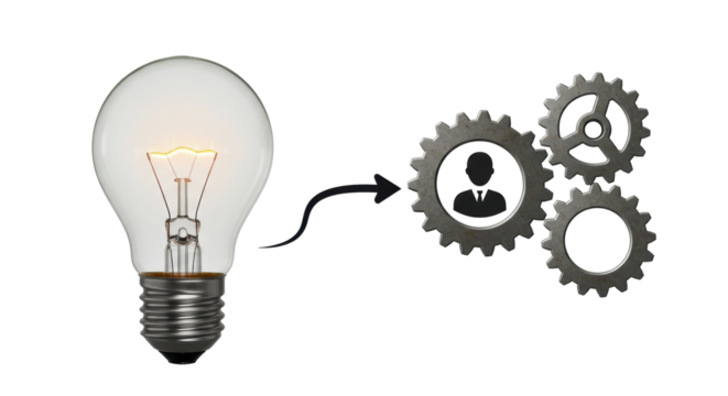Isolated Light Bulb Leading to Gears with a Person Icon, Symbolizing Idea to Action