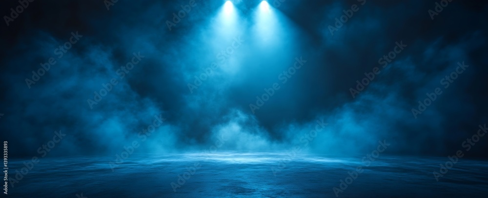 Poster Dramatic Blue Stage with Spotlights and Smoke Effect  Ethereal Presentation Backdrop with Moody Lighting : Generative AI