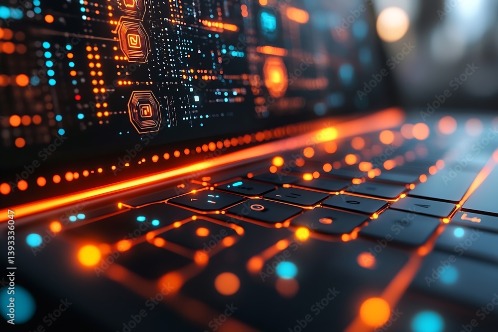 Fototapete Close Up of Modern Laptop Keyboard with Glowing Keys and Futuristic Circuit Board Tech Innovation Digital Transformation Concept : Generative AI