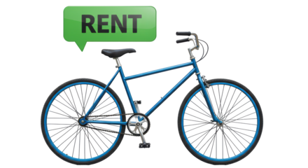 Isolated Blue Bicycle with Rent Sign, Representing Bike Rental Service