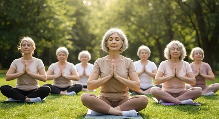 Fototapeta premium Woman teaching meditation to senior women group outdoors in park. Breathing exercises, relax. Active retirement and healthy lifestyle. Group yoga session for elderly people