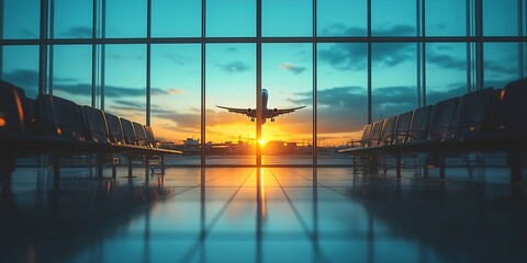 Fototapeta premium Dramatic Airport Sunset View Airplane Taking Off Against a Colorful Sky from Inside Modern Terminal Windows : Generative AI