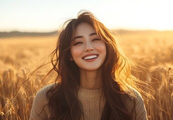 Fototapeta premium Young woman smiles widely in golden wheat field during sunset showcasing natural beauty and joyfulness : Generative AI