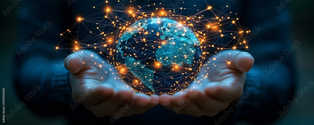 Leinwandbilder global network technology concept hands holding digital globe with glowing connections worldwide com