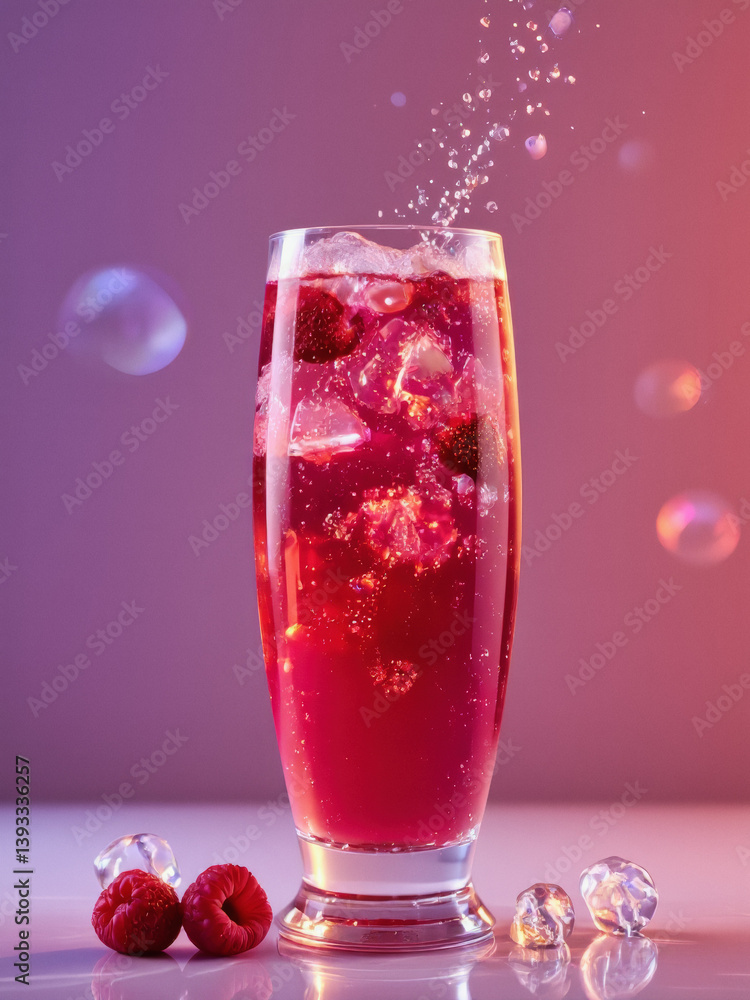 Poster vivid design food and beverage advertisement: a refreshing raspberry soda with ice cubes and fresh r