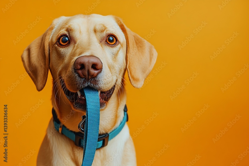 Poster happy golden labrador retriever with leash playful dog ready for a walk on bright yellow backdrop : 