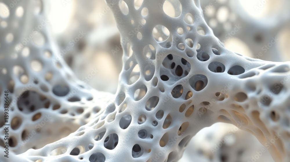 Poster a 3d-rendered image of cellular structures forming intricate networks in a biological research setti