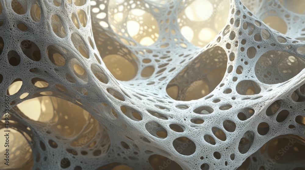 Poster a 3d-rendered image of cellular structures forming intricate networks in a biological research setti