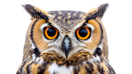 Majestic owl portrait with bright eyes, intense gaze, cut out transparent