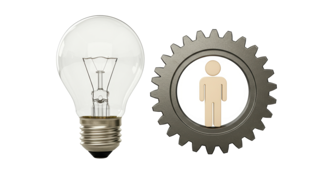 Isolated Idea Generation: Light Bulb Connected to Gear with a Person Silhouette