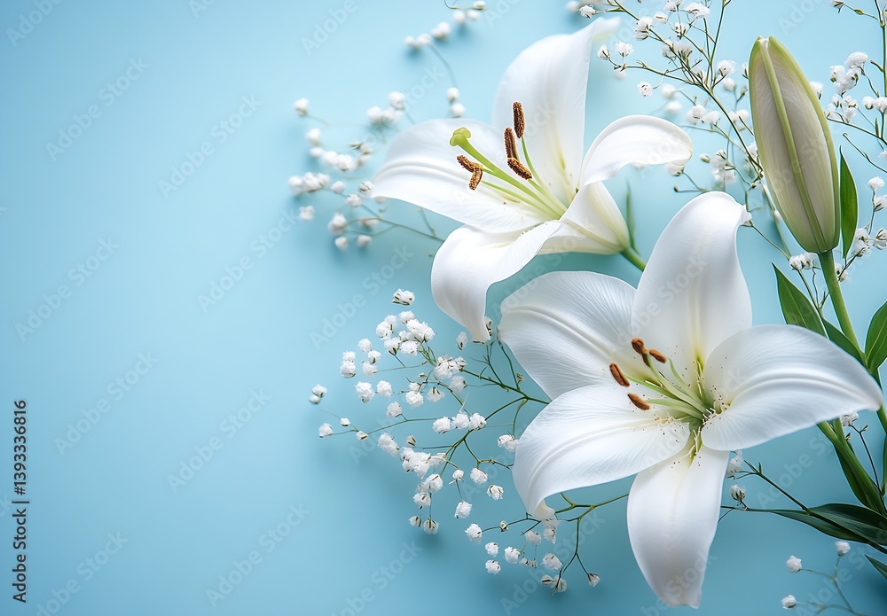 Aufkleber elegant display of two white lilies with delicate gypsy flowers artfully arranged on a soothing blue