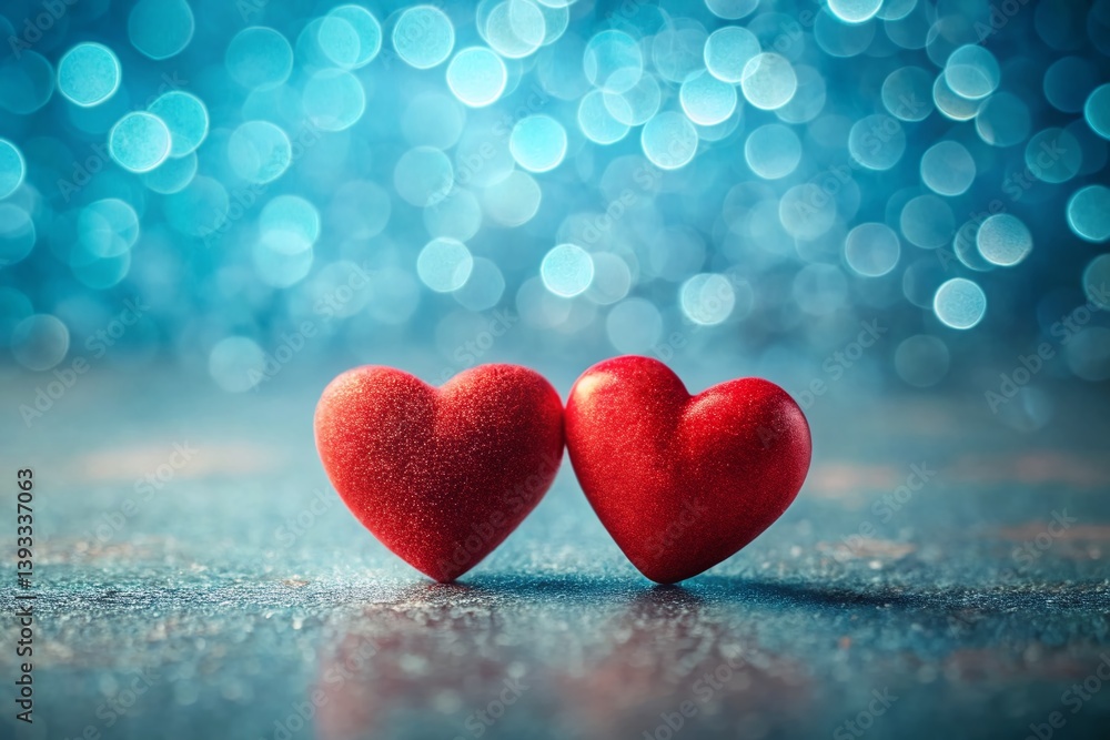 Poster two intertwined red hearts on a blue background a minimalist double exposure design representing lov