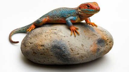 Obraz premium Colorful lizard resting on textured rock with vibrant details on a bright background featuring a gentle drop shadow