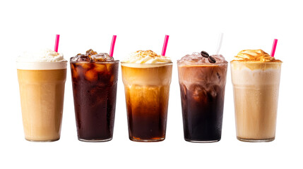 Variety of iced coffee drinks with toppings, cut out transparent