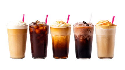 Variety of iced coffee drinks with toppings, cut out transparent