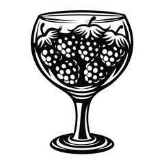 Black and White Wine Glass Clipart Filled with Ripe Blackberries Silhouette, Design Element