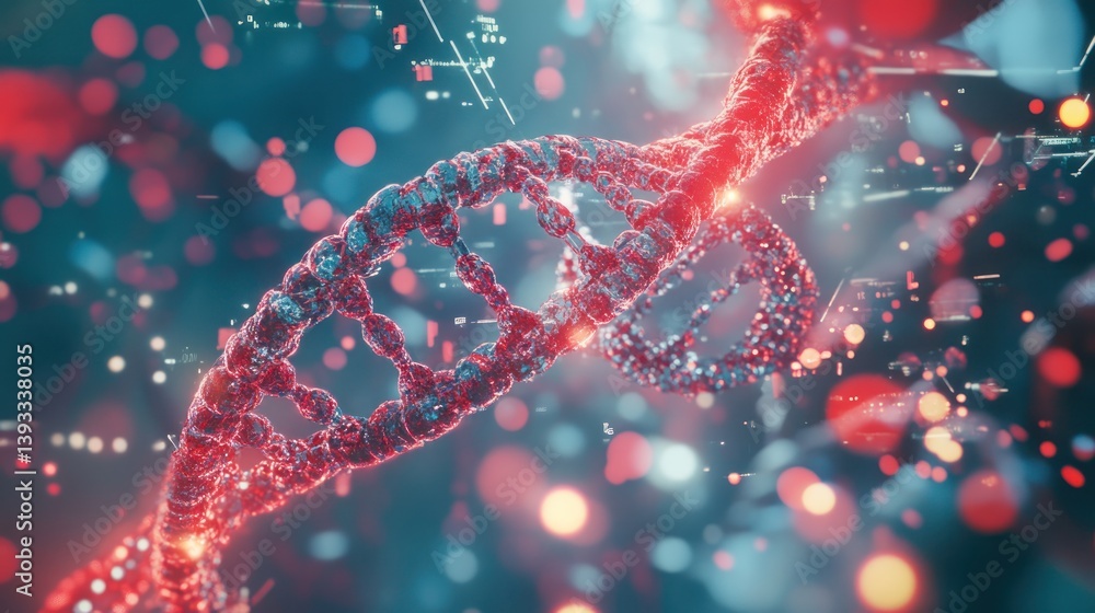 Poster a biotechnology innovation background with a transparent dna strand and futuristic data streams