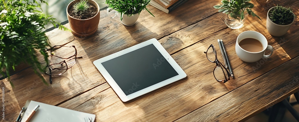 Aufkleber topdown view of a tablet on wooden desk with coffee glasses and plants perfect for home office and w
