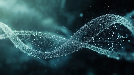A biotechnology innovation background with a transparent DNA strand and futuristic data streams