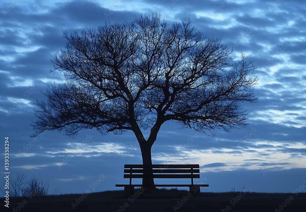 Poster mysterious blue sky with silhouetted tree and bench against a dramatic cloud background : generative