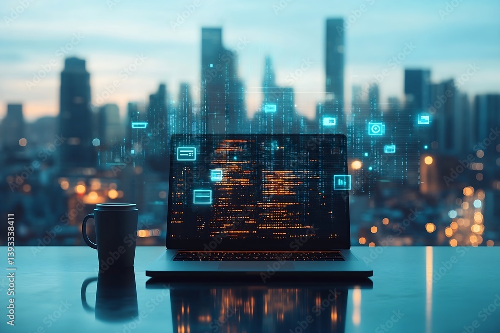 Poster Laptop Displaying Digital Cityscape and Data Streams with Mug by Side Technology and Innovation Concept : Generative AI