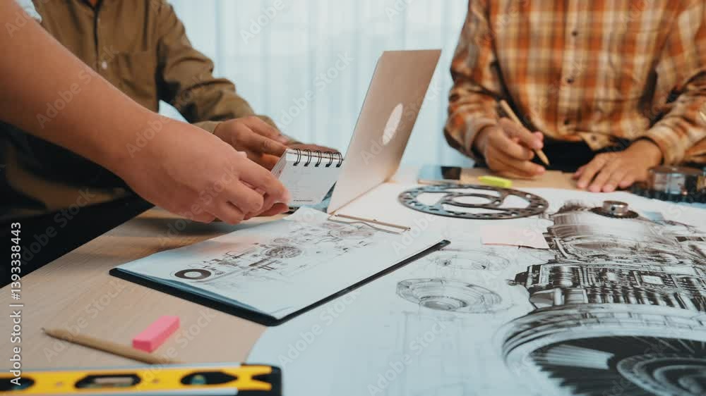 Poster a dynamic scene of hands working together in a creative workspace, featuring digital tools, sketches