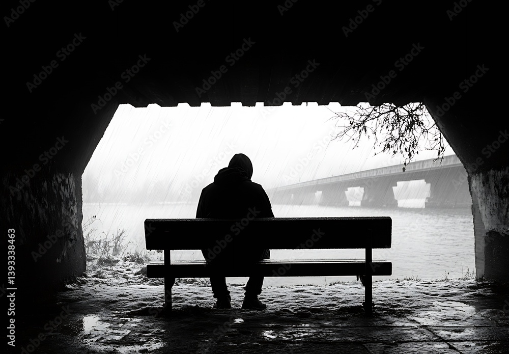 Poster Rainy day silhouette of a pensive man under an archway overlooking a river and distant bridge creating a moody scene : Generative AI