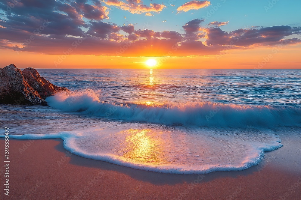 Poster seascape splendor captivating sunset over ocean waves crashing on shoreline serene beach scene at du