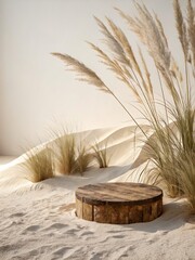 Dune Garden with Wooden Platform Beneath Blades of Grass &ndash; soft golden hour meets rustic elevation for natural skincare or eco-friendly cosmetics, jewelry, and products backgrounds