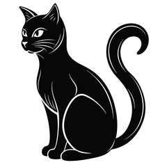 Elegant Black Cat Silhouette, Sitting Gracefully Surrounded by Foliage, Feline Motif