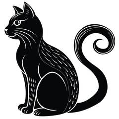 Ornamental Decorative Silhouette Cat, Sitting, Black and White, Elegance, Feline Art