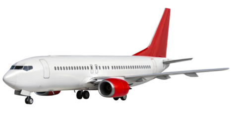 A commercial airplane with red accents and modern design perfect for aviation and travel projects on a transparent background