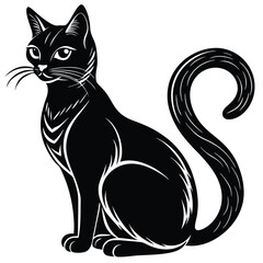 Ornate Black and White Cat Sitting Upright with Swirling Tail on Grass