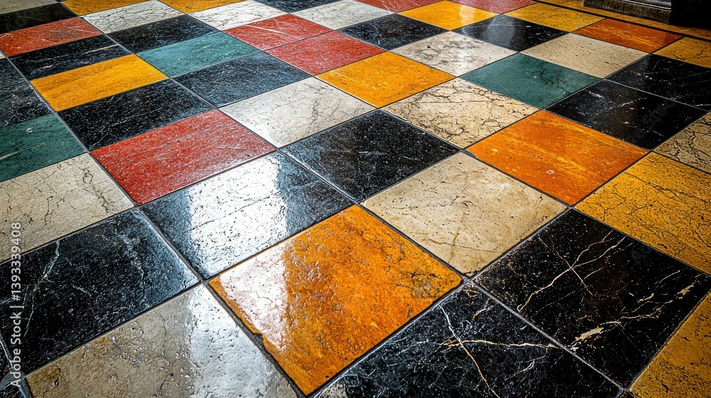 Poster colorful tiles form a checkered floor, creating an abstract geometric pattern