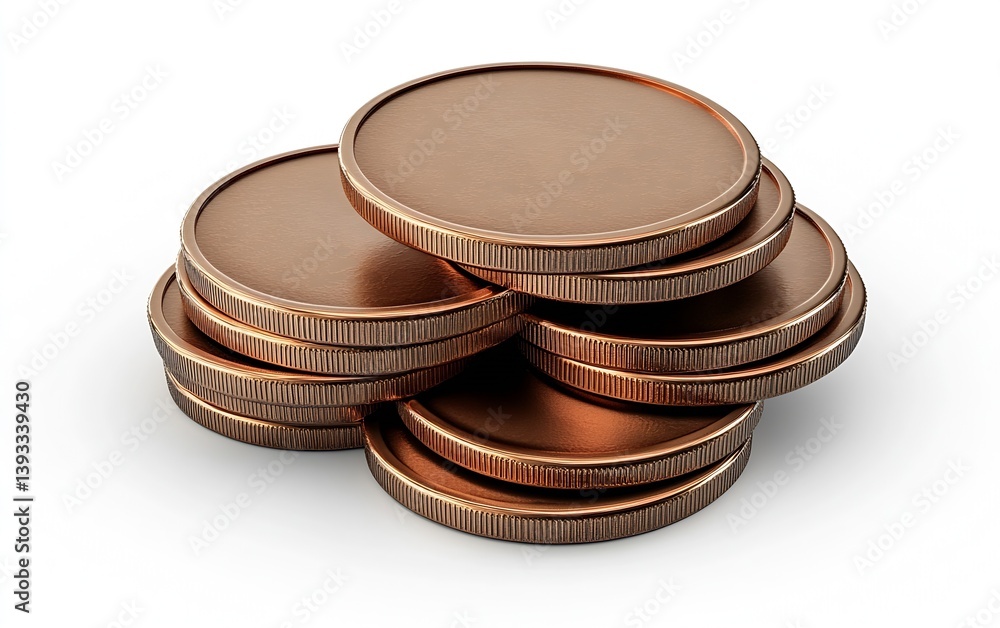 Poster stack of shiny copper coins on white background close up shows financial wealth and investment poten