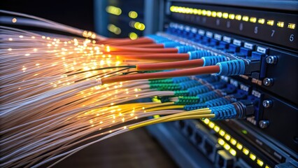 cloud computing solutions infrastructure hybrid. Fiber optic cables connected to a network switch, showcasing vibrant colors and technology infrastructure.