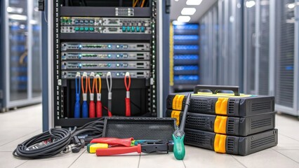 cloud computing solutions infrastructure hybrid. A collection of tools and cables in front of a server rack, showcasing a tech environment focused on data management and equipment maintenance.
